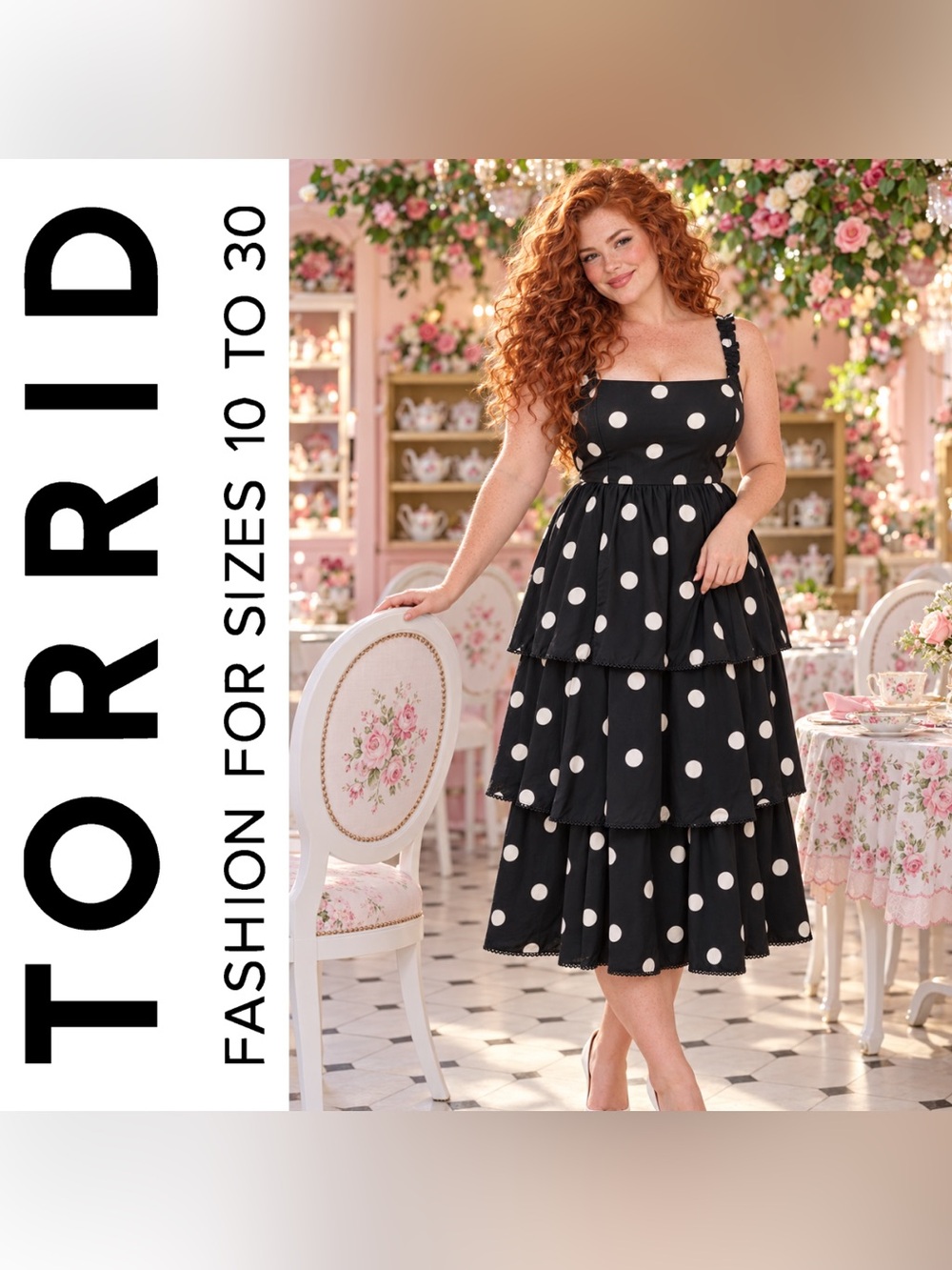 Torrid Black with White Polkadots Ruffle Strap Tiered Midi Dress, Large, NWT!